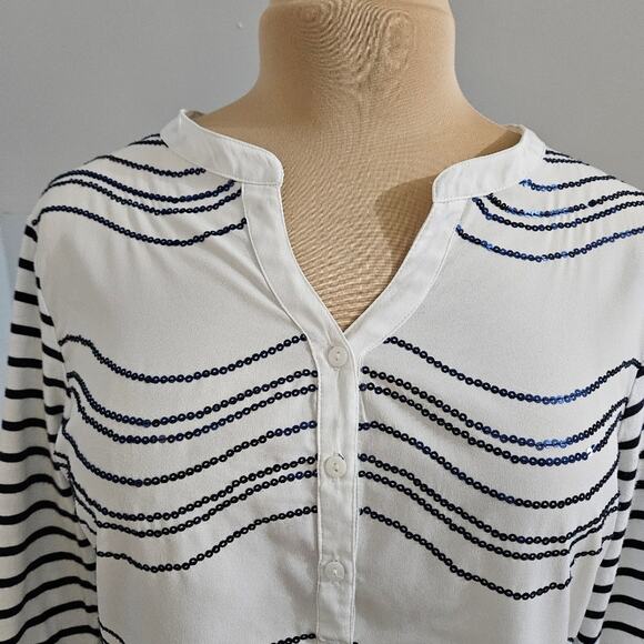 Chico's Sequin White Blue Striped Henley Pullover Top Medium Chico's 1 - Picture 5 of 11